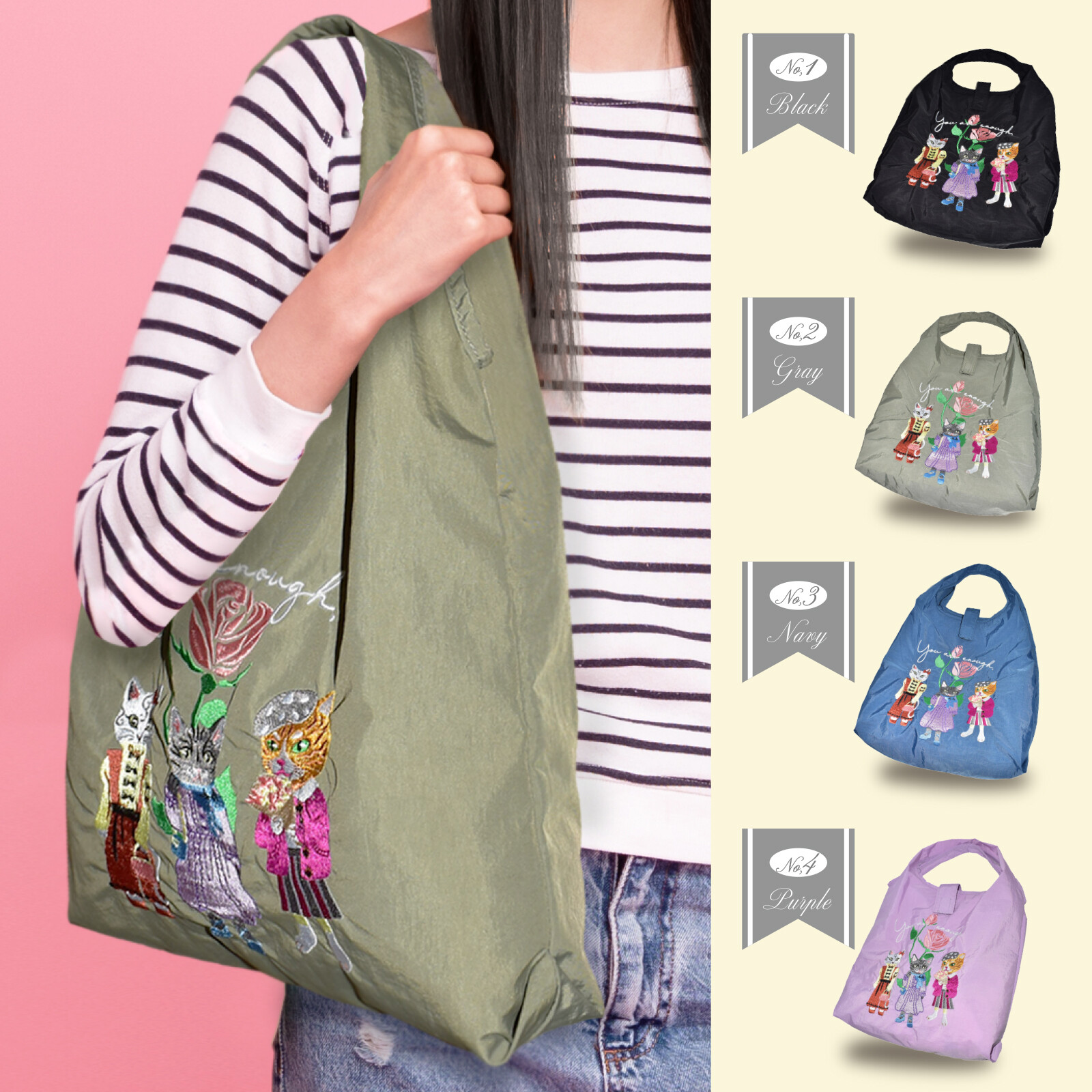 【定番】トートバッグ レディース おしゃれ 猫 刺繍 エコバッグ かわいい ナイロン 大容量 軽量 人気 cat - Image 2